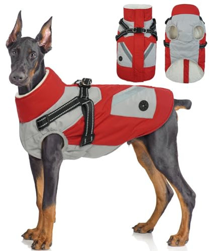 Hjyokuso Wasserdichter Hundemantel, Hundejacke mit Geschirr, Hundejacken für kleine Mittel Große Hunde, Winddichte Haustierkleidung Outfit mit Reflektierender Streifen und Reißverschluss - Rot L