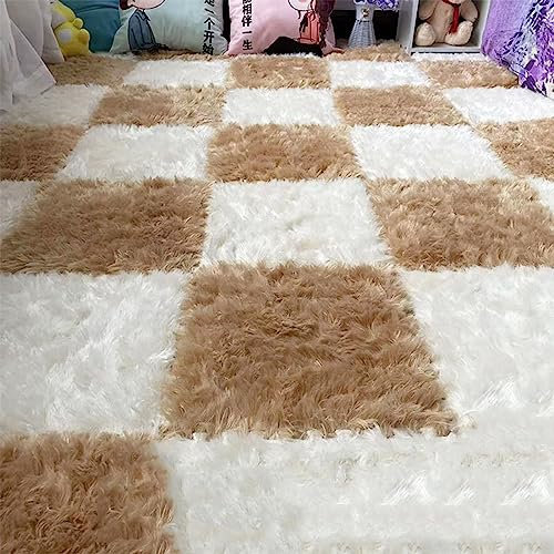 Plush Puzzle Interlocking Foam Mat,Fluffy Soft Fuzzy Soft Jigsaw Area Floor Tiles Mat,Home Decoration 12x12in Cuttable Square Interlocking Non Slip Play Ground Rugs(Size:10pcs,Color:Curry+white)