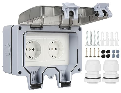 Jadeshay Aussensteckdose Wasserdicht, IP66 Wasserdicht Gartensteckdose Doppelsteckdose Außen 16A mit Abdeckung für Garten, Küche, Garage, 2Way