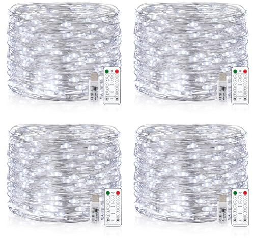 [4 Stück] Wasserdicht Draht Lichterkette, 15M 150 LED USB Weihnachten Außenlichterkette Micro Lichterkette Außen und Innen mit Fernbedienung 8 Programm und Timer für Schlafzimmer, Party, Hochzeit