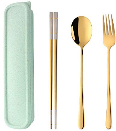 SBOMHS Stainless Steel Portable Travel 3-Piece Cutlery Set with Case Fork Spoon Chopsticks for 1 Camping Flatware for School Picnic Utensils Set Gold