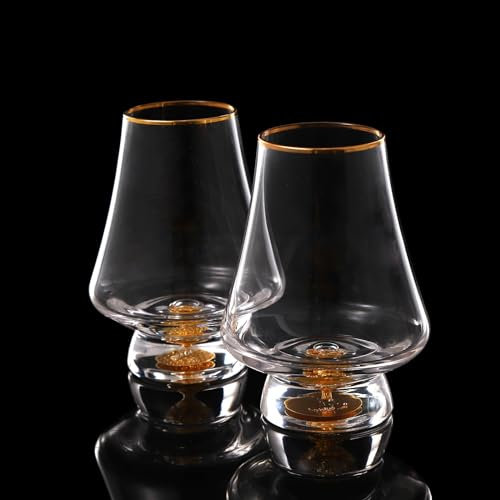 DUJUST Whisky Gläser 2er Set (235 ml), Kristall Whiskey Gläser mit 24K Blattgoldflocken, luxuriöse Snifter glas für Brandy/Cognac/Bourbon/Tequila/Scotch, BPA-frei und bleifrei