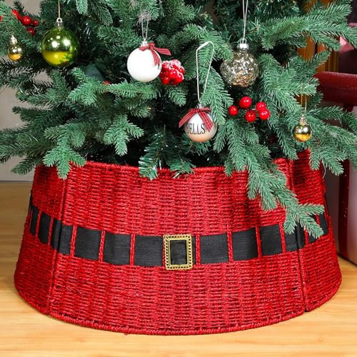 Poen Rattan Weihnachtsbaum Kragen 23,6 Zoll Weihnachten Weihnachtsmann Gürtel Baum Ring Bauernhaus Dekor Natur Rot Weihnachtsbaum Rock für künstlichen Weihnachtsbaum Rustikale Urlaub Party Indoor
