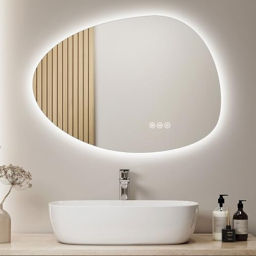 S'AFIELINA Badspiegel mit Beleuchtung Rund Asymmetrischer Spiegel mit Touch-Schalter, Dimmbar, 3 Lichtfarbe Einstellbare, Beschlagfrei, Speicherfunktion Spiegel mit Beleuchtung 75 x 55 cm