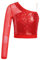 CHICTRY Glitzer Shirt Mädchen Pailletten Oberteil Mit EIN Ärmel Mesh Patchwork Tanz Top T-Shirt Bauchfrei Unterhemd Party Bühnenauftritt Performance Rot 146-152