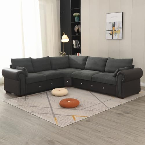 Panana 6 Seater Sofa Couch, 3 & 2 Seater L shape Corner Sofa Upholstered Fabric and Faux Leather Sofa in Dark Grey