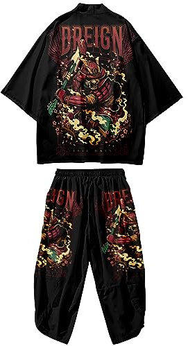 DOSLAVIDA Ensemble Cardigan Kimono japonais pour hommes, style chinois, avec veste imprimée et pantalon, haut manches ouvert et short, taille M, 04, Noir