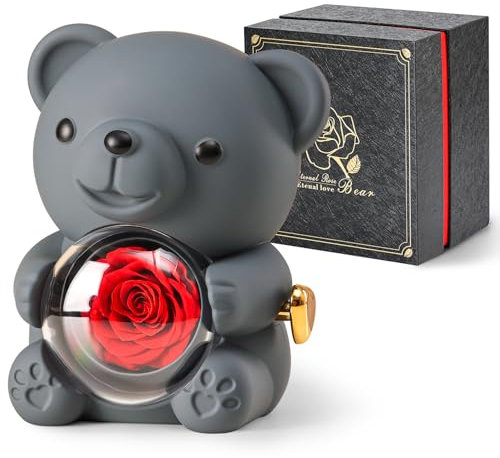 Cute Teddy Bear with Preserved Rose - A Real Rose Flower in Bear with Elegant Gift Box - Romantic Gift for Her in Valentine's Day, Mother's Day, Weddings, Anniversaries, and Bridal Showers (Grey)
