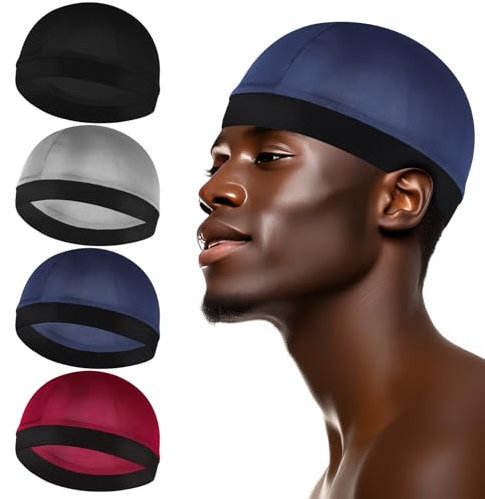 Giantree 4 Stück Seidige Wellenkappen für Herren, Elastische Band Wellenkappen Seidig Wave Caps Silky Durag Headwear Kopftuch Herren Satin Haarhaube Wave Cap für Schlafen Dusche(4 Farben)