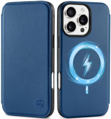 SHIELDON Echt Leder Hülle für iPhone 16 Pro Max Dünn Handyhülle [Wallet Case] [Kabelloses Laden] [Kartenschlitz] [RFID-Blocker] Klappbar Flipcase Kompatibel mit iPhone 16 Pro Max 6,9 Königsblau