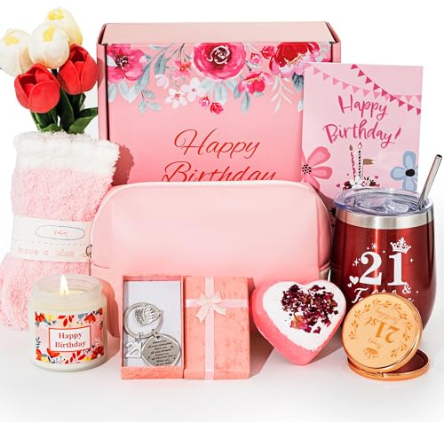 21st Birthday Hamper Basket for Her - Unique Pamper Box Gift Ideas for Women Turning 21, Girls, Daughter - Happy Birthday Presents