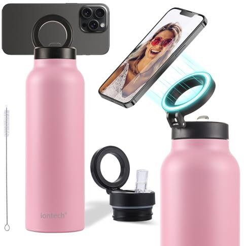 ION Isolierte Wasserflasche mit magnetischer Handyhalterung, kompatibel mit MagSafe und iPhone, Edelstahl-Wasserflasche für Sport, Reisen, Schule, heiß 12 Stunden kalt, 24 Stunden, 907 ml, Rosa