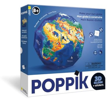 POPPIK 1841266 3D-Bastel-Globus, Unser Planet, interaktiver Lernglobus mit ablösbaren Aufklebern inkl. mehrsprachigem Begleitheft, Sticker-Set für Kinder ab 8 Jahren, 26 cm