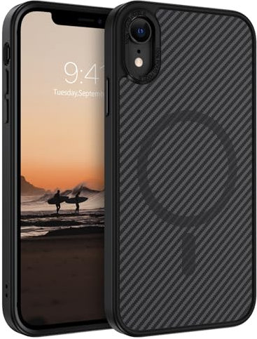 BENTOBEN Cover Magnetica per iPhone XR, Cover iPhone XR Con Design in Fibra di Carbonio [Compatibile con Magsafe] Custodia Antiurto Sottile Antigraffio Opaca Posteriore, Nero