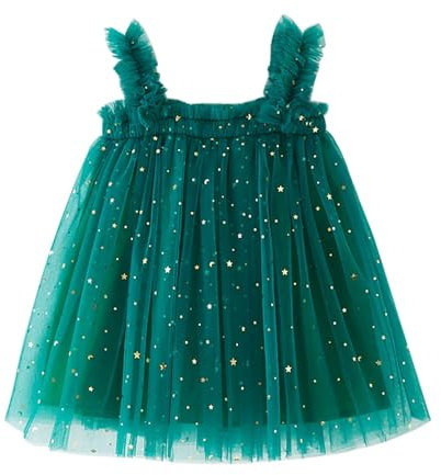 Girl's Christmas Star Moon Dress Mesh Puffy Dress Adventskalender 10 (Green, 4-5 Years)