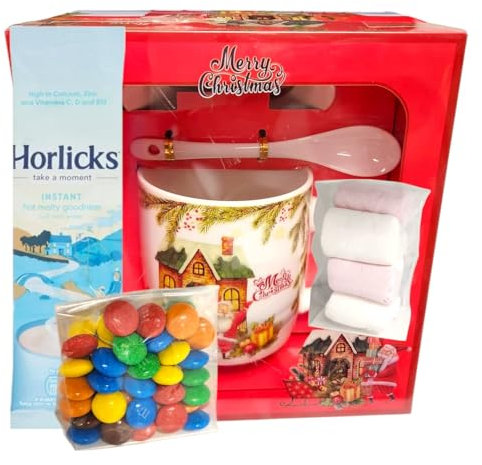 Christmas Ceramic Mug Gift Set with Spoon, Plate/Saucer, Hot Chocolate, Marshmallows & Candy Festive Holiday Treat Box (HK2028B RED mug with Festive Treats)