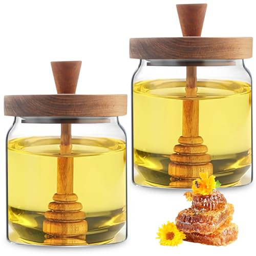 WANDGU Lot de 2 distributeurs de miel : pot à miel en verre de 450 ml avec cuillère et couvercle, récipient à miel, pot à miel, récipient en verre scellé, ensemble de bâtonnets de miel pour stocker et