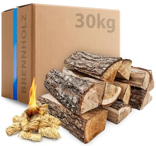 30 kg Eichen Brennholz, 30 cm kammergetrocknet, mit 15 Kaminanzündern, ideal für Kamin, Ofen, Feuerschale, Grill, Smoker, hoher Brennwert, raucharm, Lange Brenndauer, sofort verwendbar