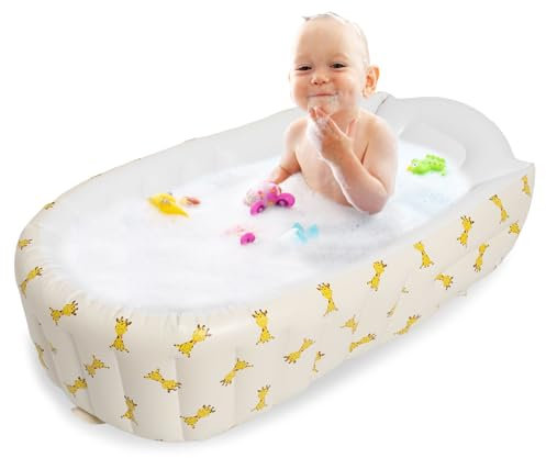 Baignoire pour bébé,Baignoire gonflable pour bébé avec pompe à air intégrée,Baignoire portable pliable pour enfants,90×55 cm,Baignoire pour bébé 0-5 ans,Baignoire de douche de voyage pour bébé(Girafe)