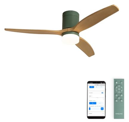 CREATE / WINDCALM M/Ventilador de techo ABS con luz verde sage aspas efecto madera clara con Wifi y mando / 40W, Silencioso, Ø132 cm, 3 temperaturas de luz, temporizador, función verano-invierno