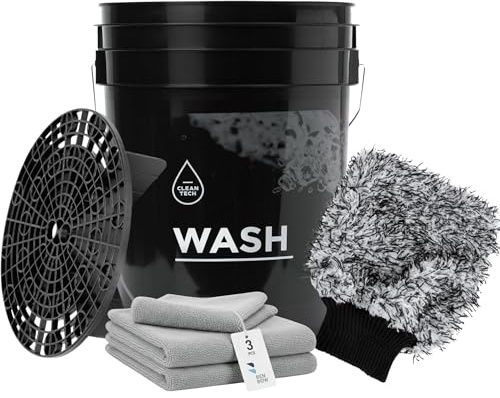 Cleantech Autowäsche-Set: Schwarzer 20-Liter-Wascheimer mit Schmutzsieb + Waschhandschuh & 3 Mikrofasertücher – optimale Trennung von Schmutz – ideal für die Handwäsche des Autos