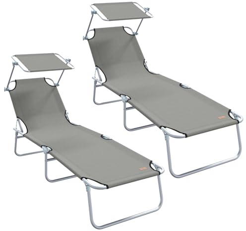 vidaXL Sun Lounger Folding 2-person 2 pcs Grey 58 x 188 x 77cm Fabric, Garden and Terrace, Durable Outdoor Furniture, Adjustable Recliner, Weather-Resistant Lounger, Portable Relaxation Chair