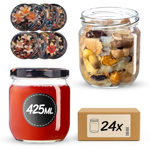 KADAX Einmachgläser 425ml TO82, Sturzgläser Mason Jar mit Schraubdeckel, Luftdichte Twist-off Gläser, Meal Prep, Overnight Oats, Sauerteig (Lilien, 24 Stück)