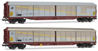 Rivarossi HR6673 FS, HO Gauge Rolling Stock | 2-unit pack Habils closed wagons, silver/brown livery, inclined + rounded FS logo, Epoch V, 1:87 Scale