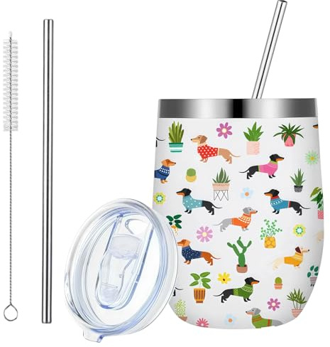 Fakcrkun Dachshund Insulated Tumbler, Sausage Dog Themed Insulated Cup with Straw & Lid, Leakproof Vacuum Stainless Steel Insulated Tumbler Dachshund Gifts for Women & Dog Lovers (12oz)