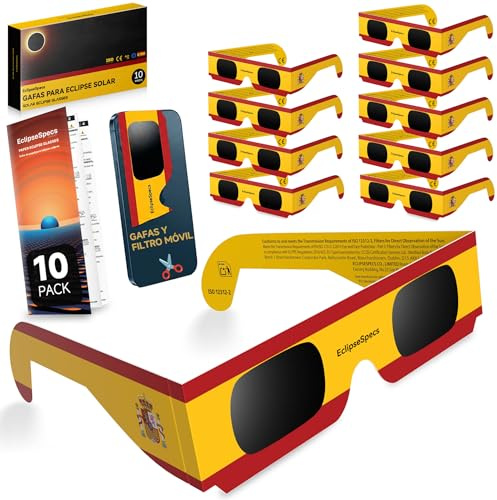 EclipseSpecs Gafas Eclipse Solar Homologadas, CE y EN ISO 12312-2 | EPI (UE) 2016/425 Cat. II | Protección UV/IR | Cumple 4/4 criterios OVAE | Adultos/Niños | Cartón | Packs 3/5/10/25
