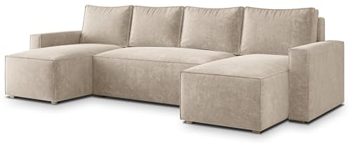 Masseno Ecksofa ASPRA LM mit Schlaffunktion U-Form, Klassisch Sofa mit Bettkasten, Wohnzimmersofa, Couch, Soffa, Bettsofa, Couchgarnitur - Creme, LUMO 55