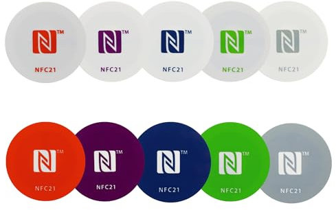 NFC Starter Set, 10 Bunte NFC Sticker (5x NTAG 213, 5x NTAG 215), 30mm, Rund, PET, ideal für Kontaktdaten, Smart Home Automatisierung, Starten von Apps, NFC Aufkleber