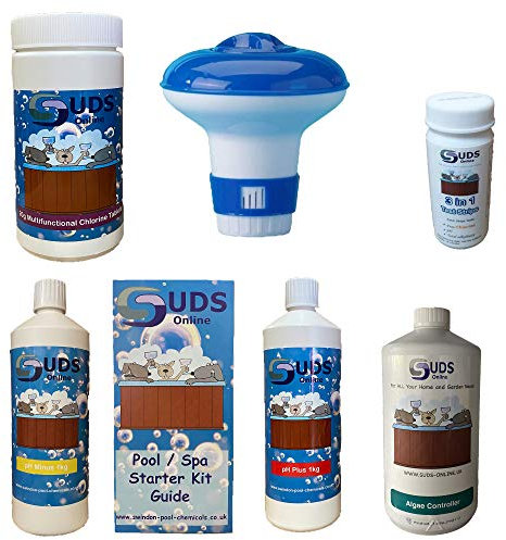 Suds Online Swimming Pool Starter Kit 1KG- Includes Chlorine, pH+, pH-, Algaecide & Strips (Tablets (including Floating Dispenser)
