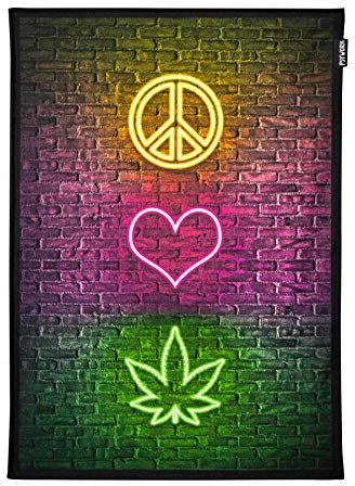 PSYWORK Schwarzlicht Stoffposter Neon | Peace Love Weed | 0,5 x 0,7m | UV-aktiv | fluoreszierend | Wandbehang Stoffbanner Poster Wandbild Kunstdruck Dekobild Dekoration Wandteppich