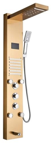 Huin Panneau de douche à effet pluie à 5 fonctions avec système de massage, bec de baignoire et colonne de douche à main-Or