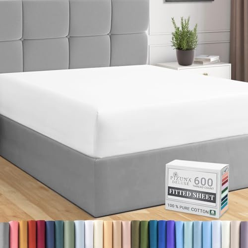 Pizuna Pure Combed Cotton King Size Fitted Sheets White, 600 Thread Count 100% Long Staple Cotton Fitted Sheet 150x200 cm, Sateen Weave King Size Fitted Sheets Deep Fit 40 cm 1 PC White
