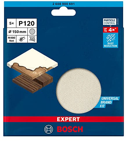 Bosch Professional 5x Abrasivi a Rete Expert M480 per Legno Duro, Vernice su Legno, Ø 150 mm, Grana 120, Accessorio Levigatrice Rotoorbitale
