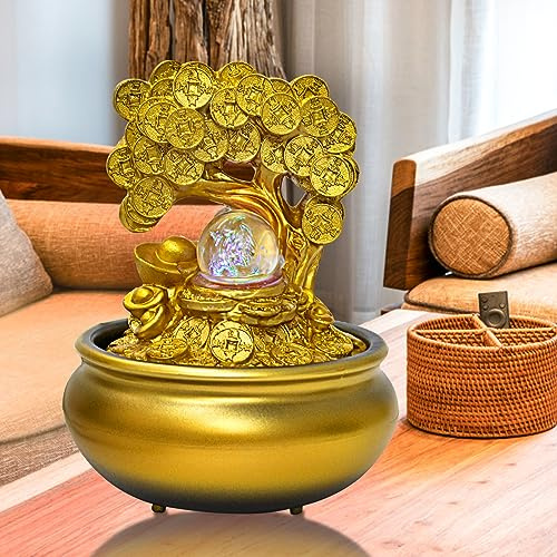 Árbol de dinero dorado Feng Shui Fuente de agua de escritorio Decoración de cascada con luz LED portátil Mesa decorativa Zen Meditación Cascada para oficina, sala de estar, manualidades