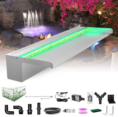 LONGRUN Wasserfall Edelstahl Pool Brunnen, Springbrunnen Garten Wasserfall mit Mehrfarbig LED, Teich Brunnen Kaskaden Wasserfall für Außengarten Deko Teich Mauer Wand Gabione -90x20x10cm