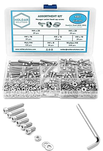 NOLDAR Innensechskantschrauben-Sortiment mit Zylinderkopf, Sechskantmuttern und Unterlegscheiben, 480-teiliges Edelstahl-Schrauben-Set, metrisch M4, Längen von 8 mm bis 25 mm.