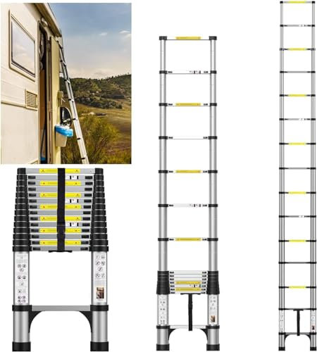 FEETE Teleskopleiter, Aluminium, leichte Ausziehleiter mit rutschfesten Füßen, tragbare Dachbodenleiter, robuste Wohnmobil-Leiter für Wohnmobil, Haushalt, Arbeiten im Freien, 150 kg Kapazität
