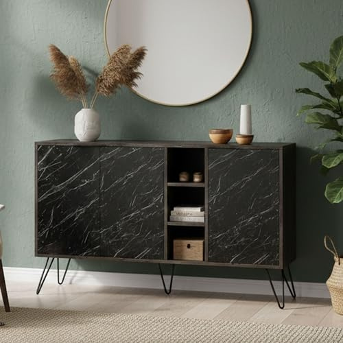 Dmora - Credenza Perseus, Buffet da soggiorno, Madia da salotto, Dispensa da cucina, 142x36h83 cm, Ossido e Nero Marmo