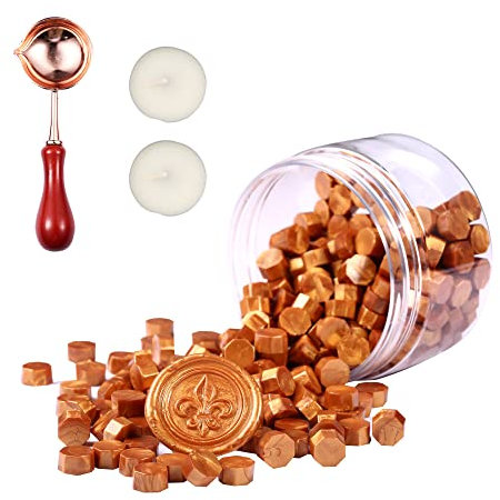 Comealltime 248 Stück Siegelwachs Set, Achteckige Siegelwachsperlen mit 2 Teelichtern&1 Schmelzlöffel, Siegellack für Wachssiegel Stempel(Königsgold)