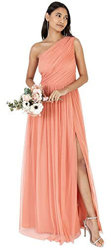 Anaya with Love Women's Womens Ladies Maxi One Cold Shoulder Slit Split Sleeveless Prom Wedding Guest Bridesmaid Dress, Coral Pink, 16 UK