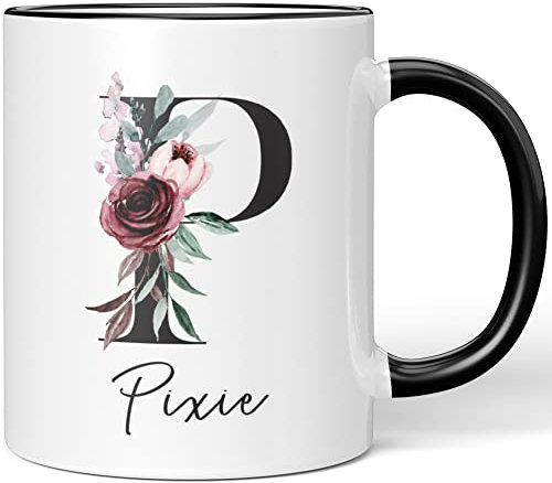 JUNIWORDS Tasse, Pixie, Name Anfangsbuchstabe Initial Alphabet Floral Buchstabe P Monogramm Motiv, Schwarz (5595651)