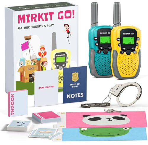 Mirkit Go 2 x Walkie Talkie Kids & 4 Spiele: Schnitzeljagd, Fahneneroberung, Polizei, Versteckspiel! Outdoor Spiele für Kinder + Gratis Handschellen