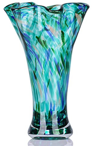 Vasi in vetro color foglia di tè da 22,9 cm di altezza, per fiori, vaso in vetro soffiato a mano, decorazione per la casa, vaso da fiori verde a bocca larga, centrotavola, per libreria, tavolo da