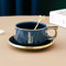 Nordic Royal First-Class Keramik Porzellan Kaffeetassen Set Teetasse Milchtasse mit Untertasse und goldenem Löffel Anzug (Blau)