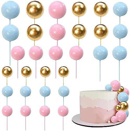 Xsstarmi 30 PCS Mini Balloon Cake Topper Ball Cake Picks Decoration Faux Pearl Balls DIY Cake Topper Decoration for Gender Reveal Baby Shower Wedding Anniversary Birthday Party Supplies Gold Pink Blue