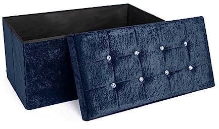 Comfort Collections Crushed Velvet Diamante Ottoman Folding Storage Box Seat Foot Stool Bench (78x38x38cm, Navy)